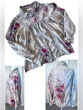 Floral Art Button-Down Boho Shirt Lace & Ribbon trim 100% Cotton Sz Large